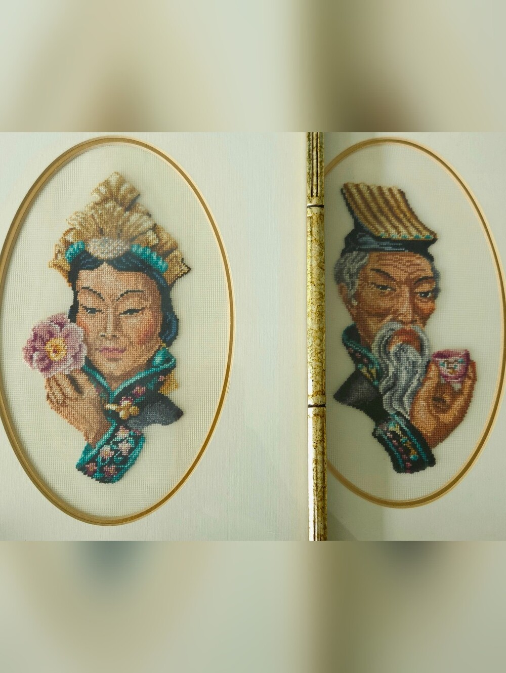 Vintage Asian Framed Art Set, Hand Made Needlepoint, Professionallt Framed